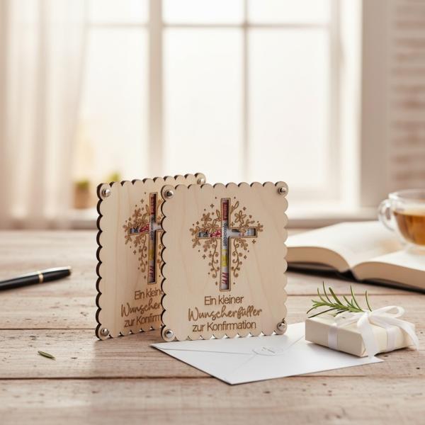 Holzkarte zur Konfirmation oder Kommunion mit eingelegtem Geldschein als Geschenkidee.